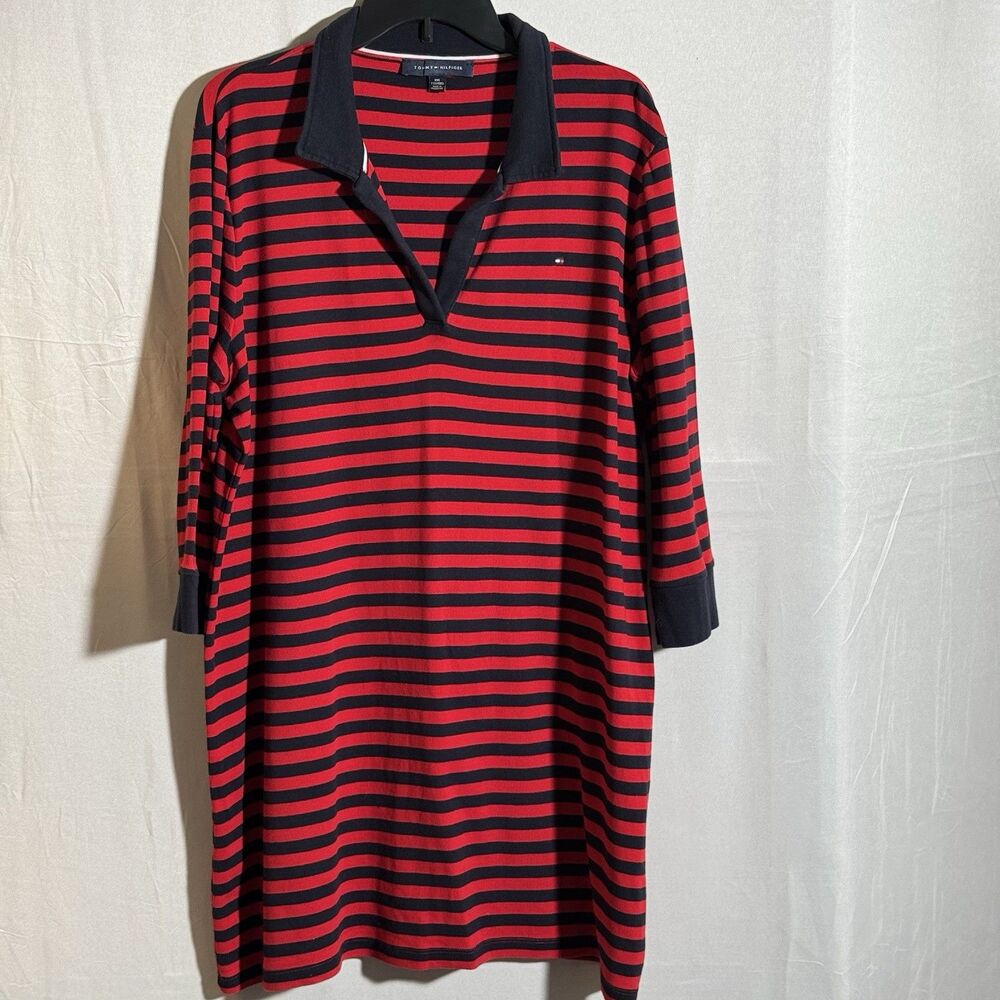 Tommy Hilfiger Red Navy Stripe Polo Dress Women 2XL Nautical Casual 100% Cotton